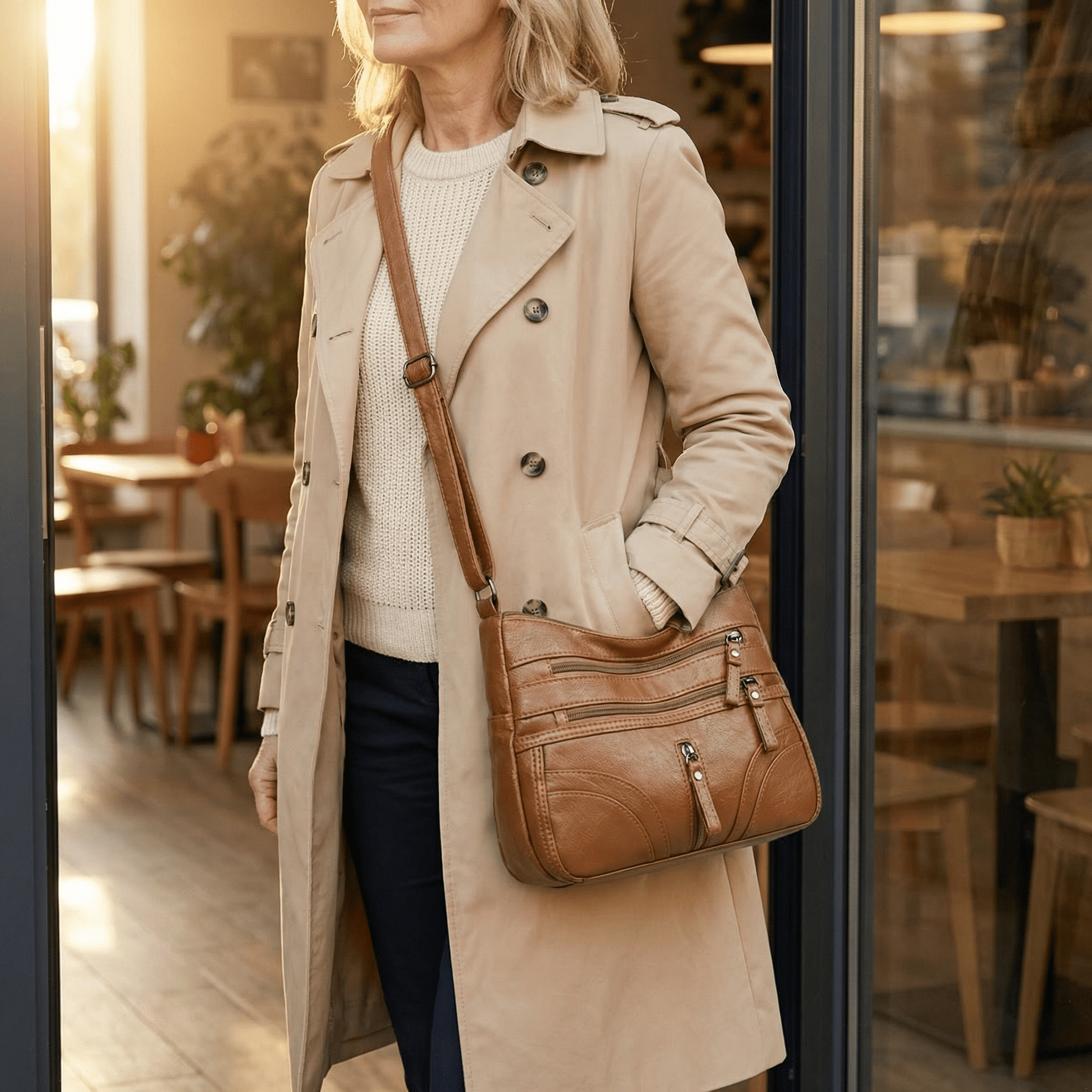 Caden Crossbody Bag | Soft PU Leather, 6 Zippered Pockets, Adjustable Strap - Hartwella
