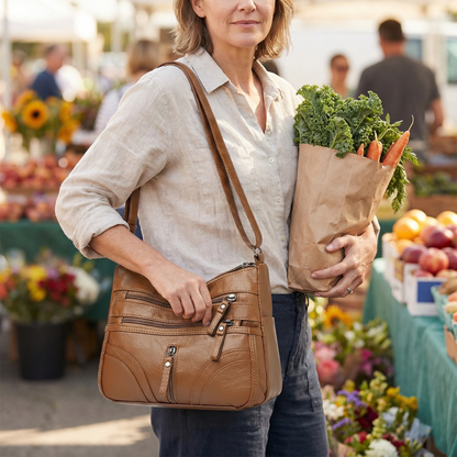 Caden Crossbody Bag | Soft PU Leather, 6 Zippered Pockets, Adjustable Strap - Hartwella