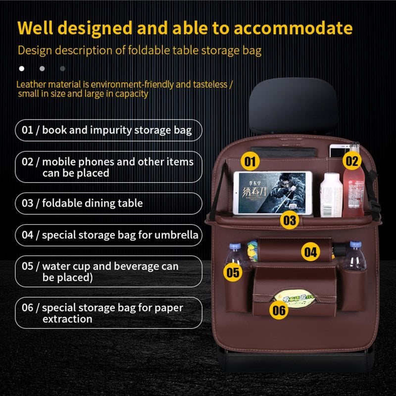 Caro Back Seat Organizer | Waterproof Leather, Foldable Table - Hartwella