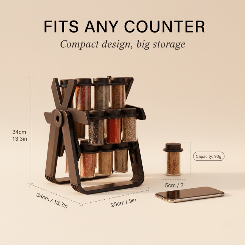 Caro Spice Rack Organizer | 18 - Jar Rotating Design, Space - Saving - Hartwella