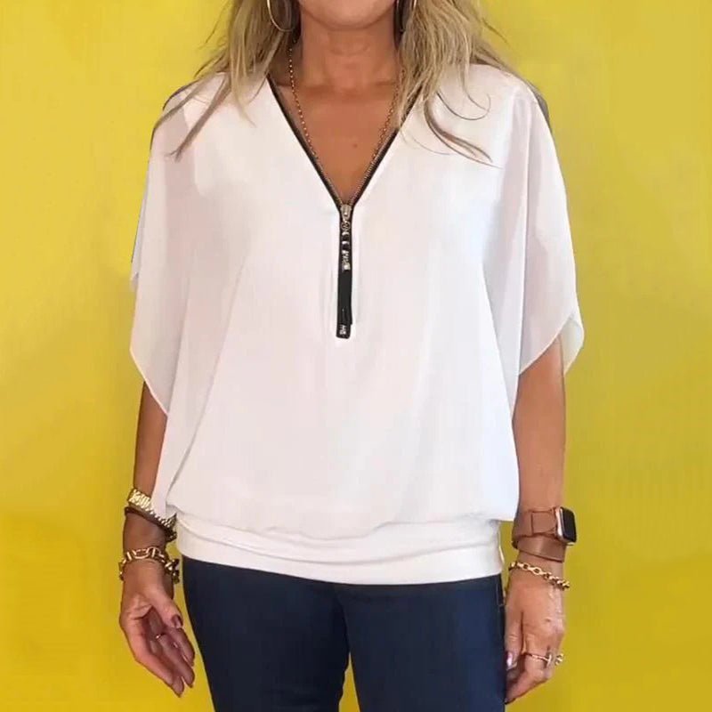 Celia Chiffon Top | Lightweight Zip - Up V Neck Blouse for Women - Hartwella