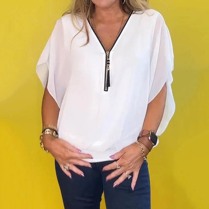 Celia Chiffon Top | Lightweight Zip - Up V Neck Blouse for Women - Hartwella