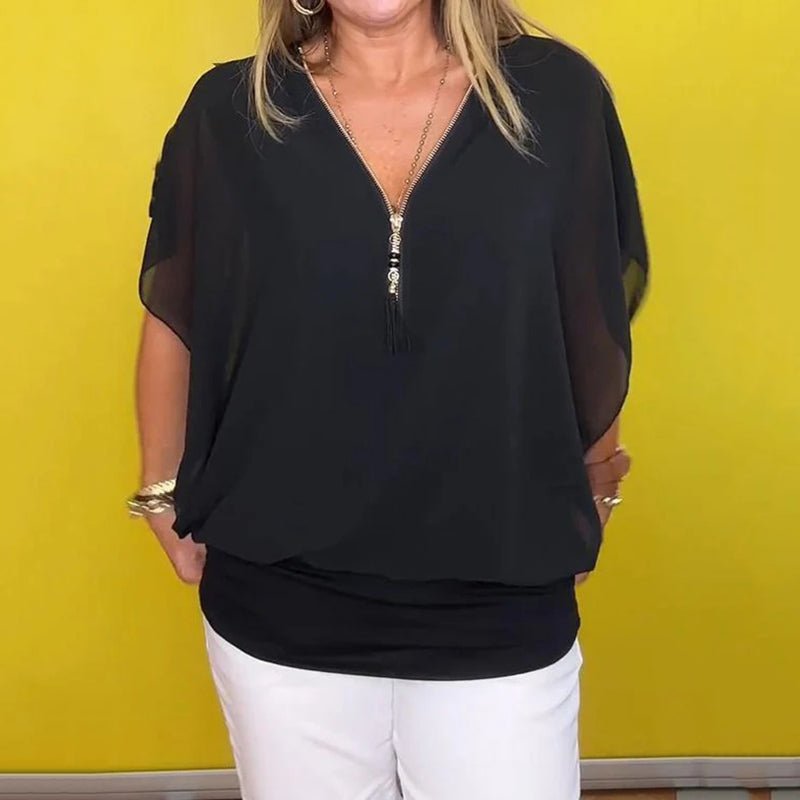 Celia Chiffon Top | Lightweight Zip - Up V Neck Blouse for Women - Hartwella