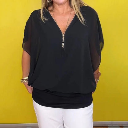 Celia Chiffon Top | Lightweight Zip - Up V Neck Blouse for Women - Hartwella