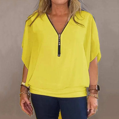 Celia Chiffon Top | Lightweight Zip - Up V Neck Blouse for Women - Hartwella