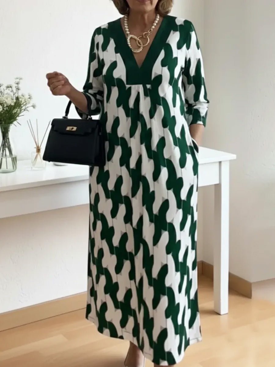 Chic Maxi Dress | V - Neck, Mid - Length Sleeves, Plus Size Available - Hartwella