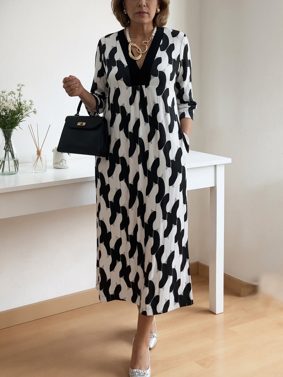 Chic Maxi Dress | V - Neck, Mid - Length Sleeves, Plus Size Available - Hartwella