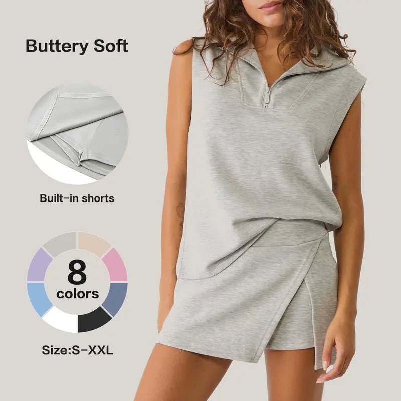 Clara Women's Skirt Set | Sleeveless Half - Zip Sweatshirt & Athletic Skorts, Summer Ready 2 Piece Skirt Set - Hartwella