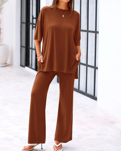 Cleo Casual Set | Loose - Fit Top & Wide - Leg Pants with Pockets - Hartwella