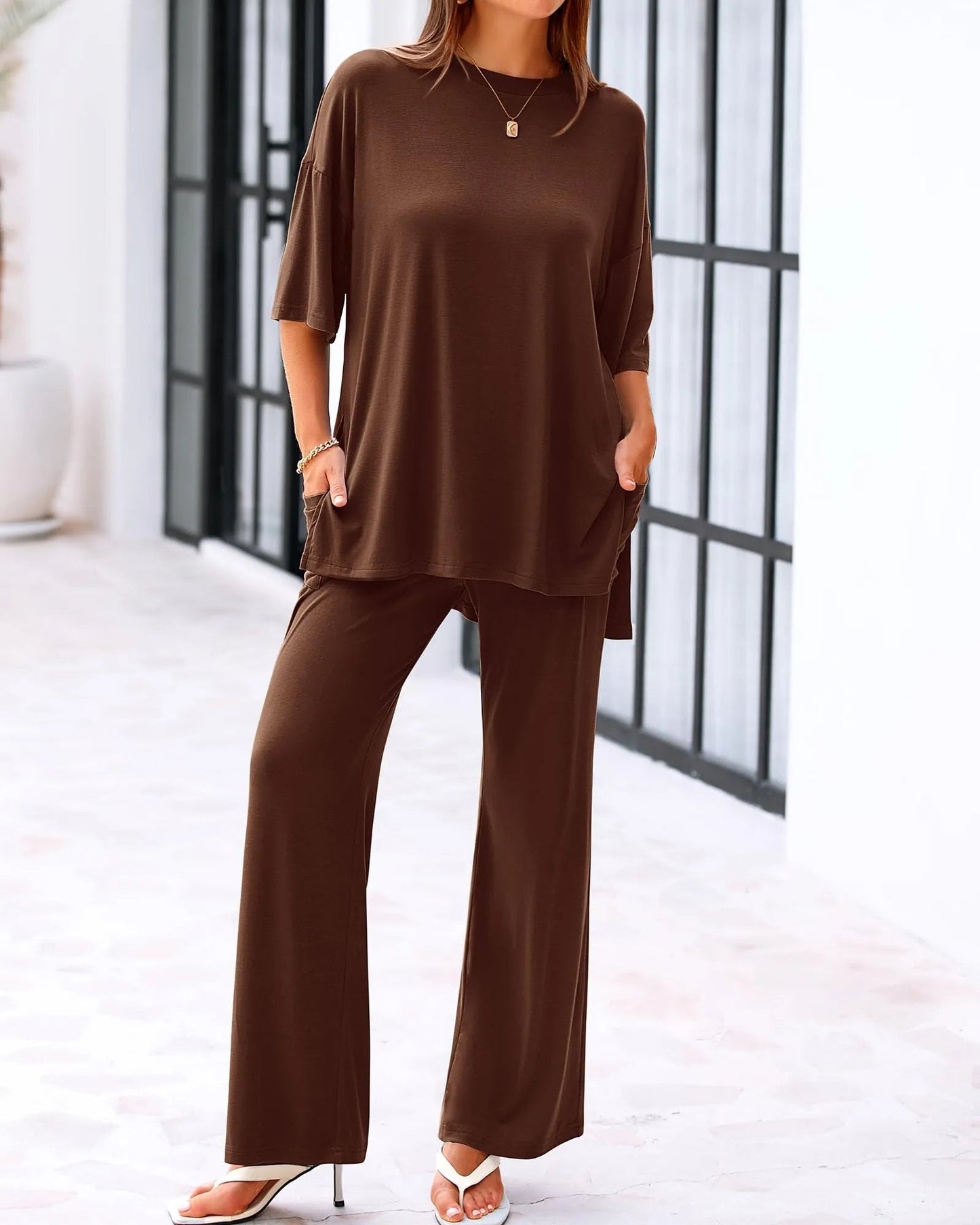 Cleo Casual Set | Loose - Fit Top & Wide - Leg Pants with Pockets - Hartwella