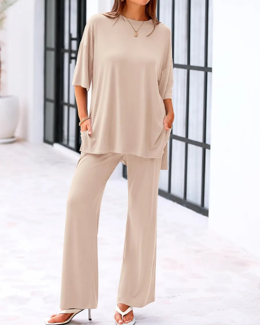 Cleo Casual Set | Loose - Fit Top & Wide - Leg Pants with Pockets - Hartwella