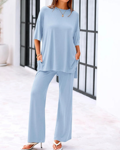 Cleo Casual Set | Loose - Fit Top & Wide - Leg Pants with Pockets - Hartwella