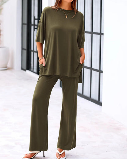 Cleo Casual Set | Loose - Fit Top & Wide - Leg Pants with Pockets - Hartwella