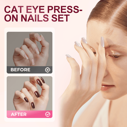 Cleo Cat Eye Press - On Nails Set | Magnetic Effect, 3 Sizes - Hartwella