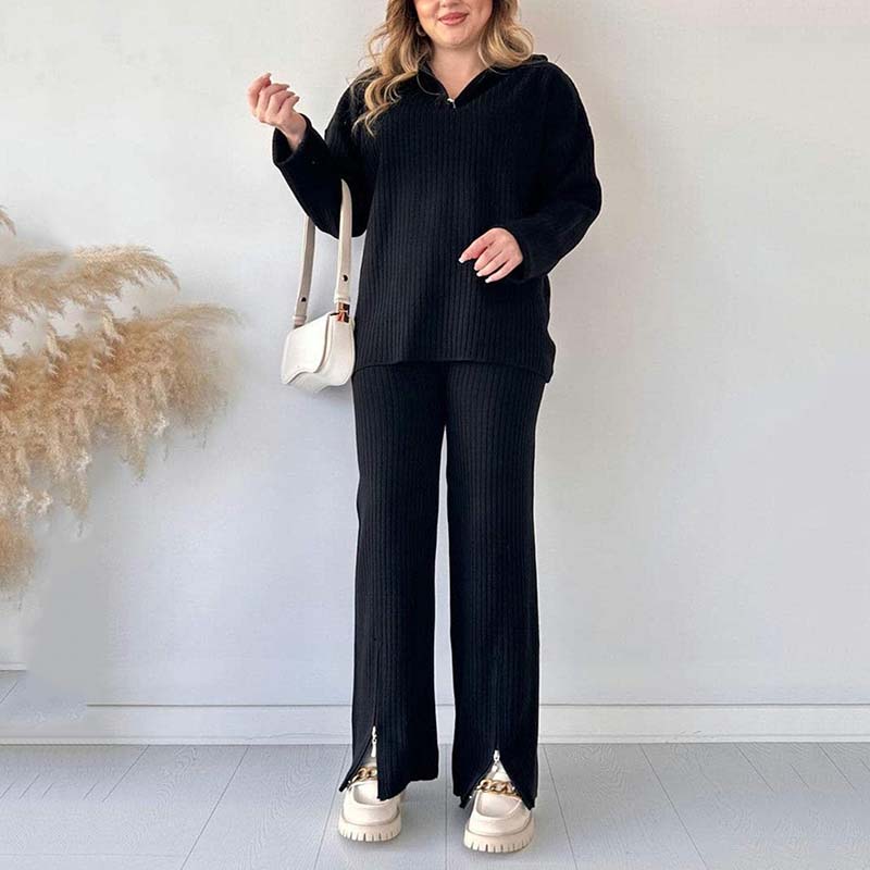 Cora Women's Knit Set | Cozy Ribbed Two-Piece Lounge Set with Slit-Leg Pants - Hartwella