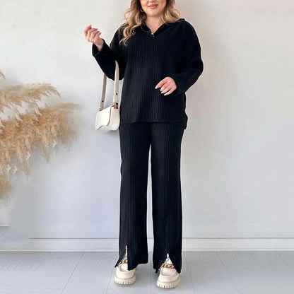 Cora Women's Knit Set | Cozy Ribbed Two-Piece Lounge Set with Slit-Leg Pants - Hartwella
