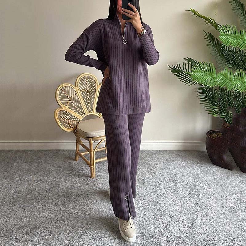 Cora Women's Knit Set | Cozy Ribbed Two-Piece Lounge Set with Slit-Leg Pants - Hartwella