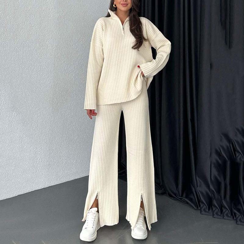 Cora Women's Knit Set | Cozy Ribbed Two-Piece Lounge Set with Slit-Leg Pants - Hartwella