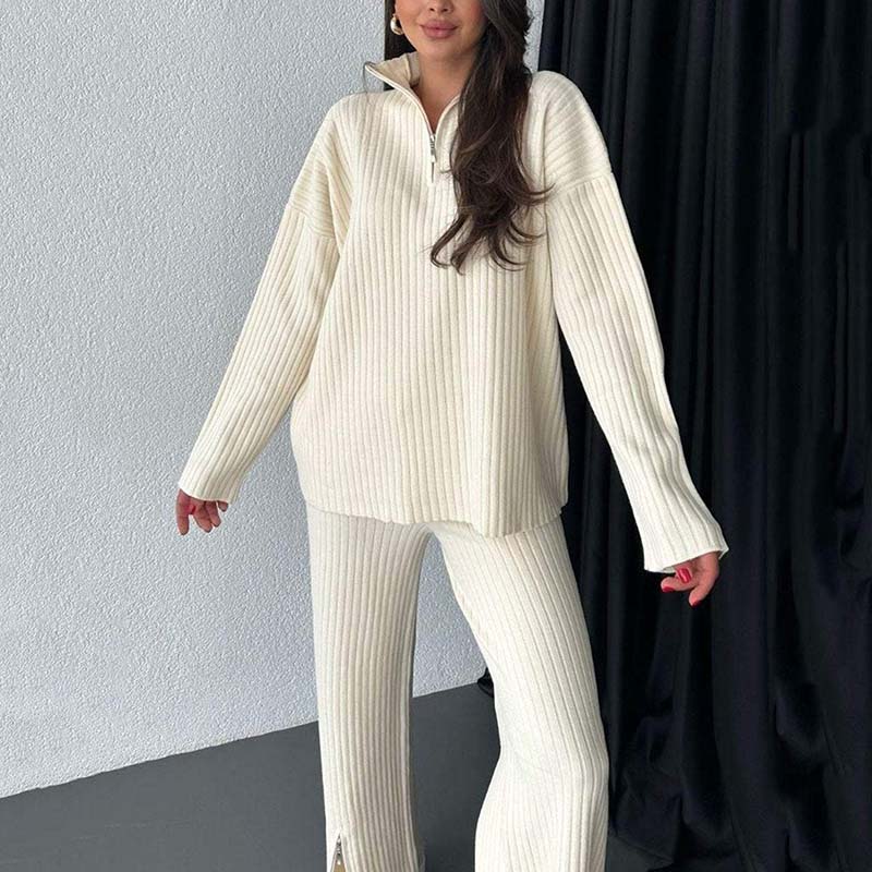 Cora Women's Knit Set | Cozy Ribbed Two-Piece Lounge Set with Slit-Leg Pants - Hartwella