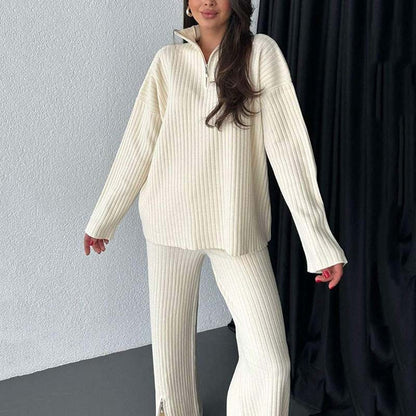 Cora Women's Knit Set | Cozy Ribbed Two-Piece Lounge Set with Slit-Leg Pants - Hartwella