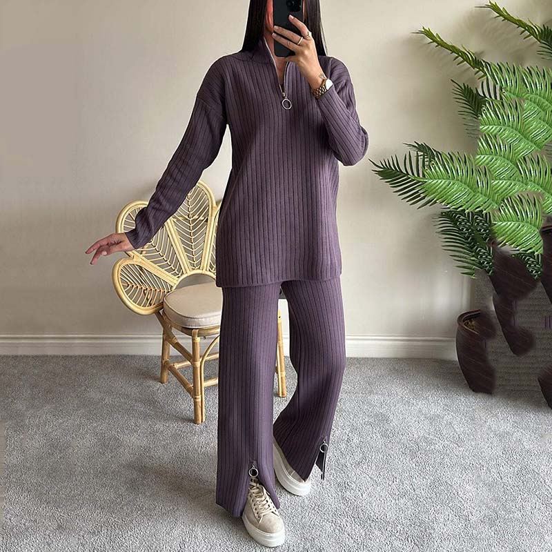Cora Women's Knit Set | Cozy Ribbed Two-Piece Lounge Set with Slit-Leg Pants - Hartwella