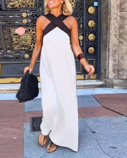 Cross Halter Neck Sleeveless Stitching Dress - Hartwella