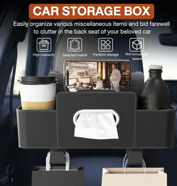 Cura Car Organizer | Waterproof Backseat Storage with Cup Holders and Tissue Box Slot - Hartwella