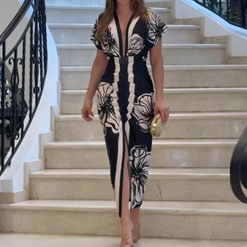Diva Bodycon Maxi Dress | Deep V Neck, Bold Print - Hartwella