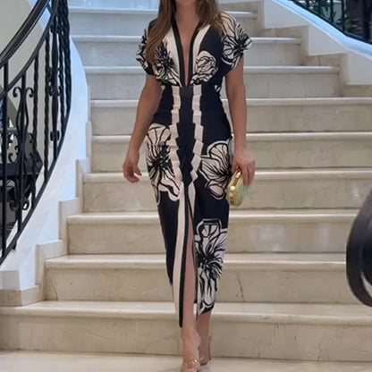 Diva Bodycon Maxi Dress | Deep V Neck, Bold Print - Hartwella