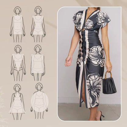 Diva Bodycon Maxi Dress | Deep V Neck, Bold Print - Hartwella