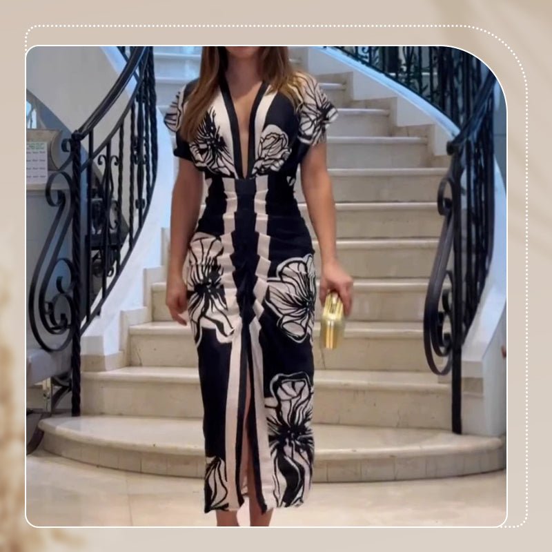 Diva Bodycon Maxi Dress | Deep V Neck, Bold Print - Hartwella