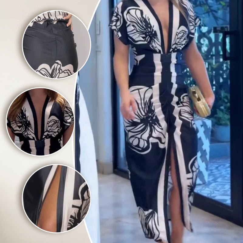 Diva Bodycon Maxi Dress | Deep V Neck, Bold Print - Hartwella