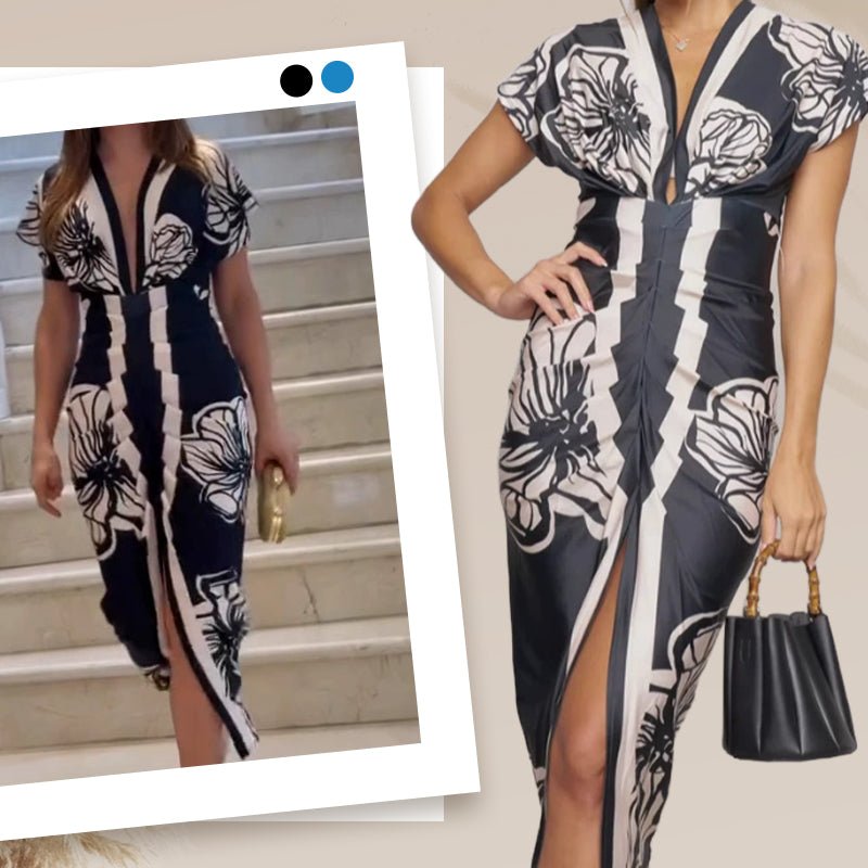 Diva Bodycon Maxi Dress | Deep V Neck, Bold Print - Hartwella