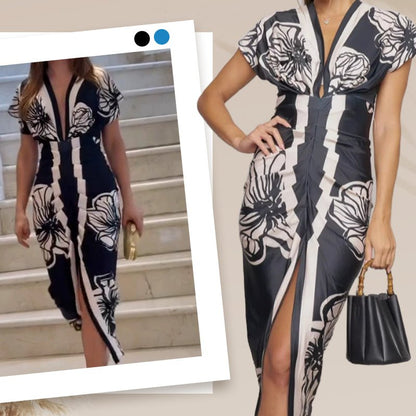 Diva Bodycon Maxi Dress | Deep V Neck, Bold Print - Hartwella