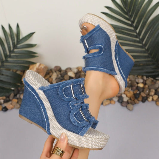 Diva Slide Sandals | Denim Fabric, Adjustable Belt Buckle, 10cm Platform - Hartwella