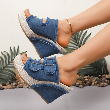 Diva Slide Sandals | Denim Fabric, Adjustable Belt Buckle, 10cm Platform - Hartwella