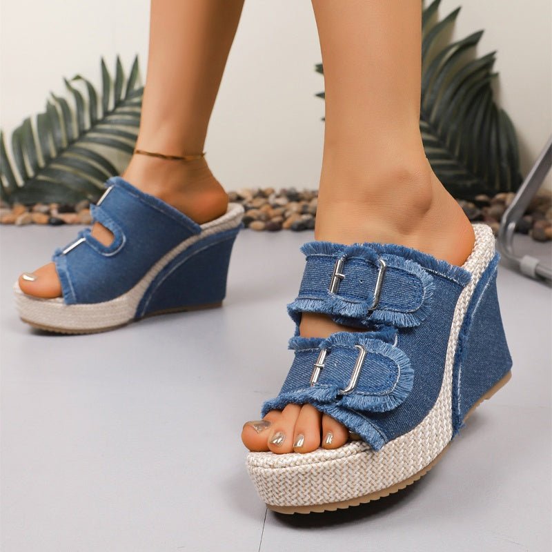 Diva Slide Sandals | Denim Fabric, Adjustable Belt Buckle, 10cm Platform - Hartwella