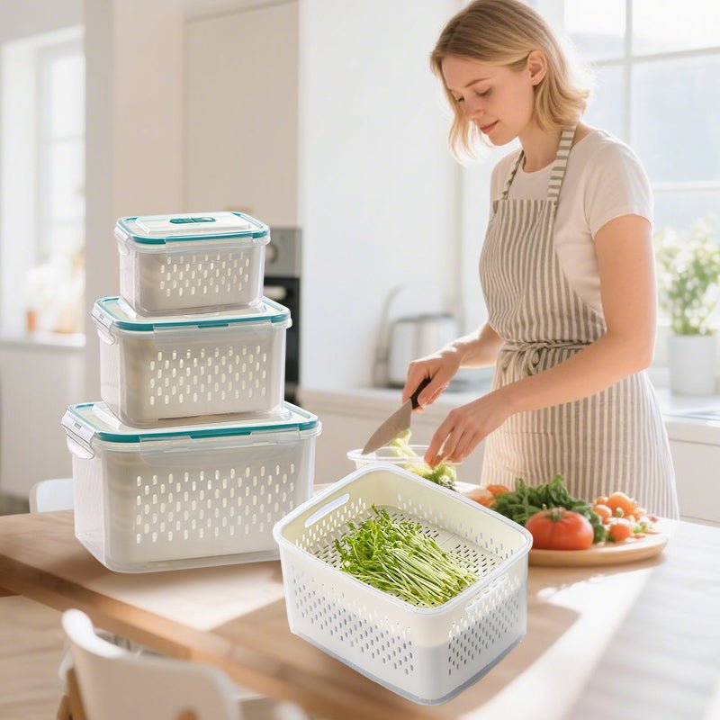 Dura Fresh Food Storage Container | 2 - in - 1 Draining Design, Airtight & Stackable - Hartwella