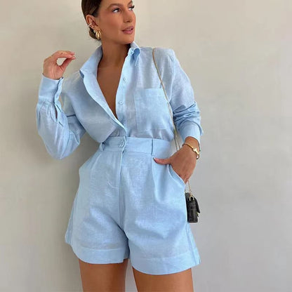 Elysia Casual Set | Linen Blouse and Shorts - Hartwella