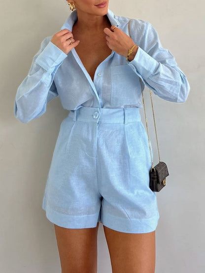 Elysia Casual Set | Linen Blouse and Shorts - Hartwella