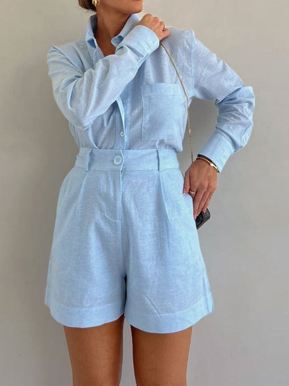 Elysia Casual Set | Linen Blouse and Shorts - Hartwella