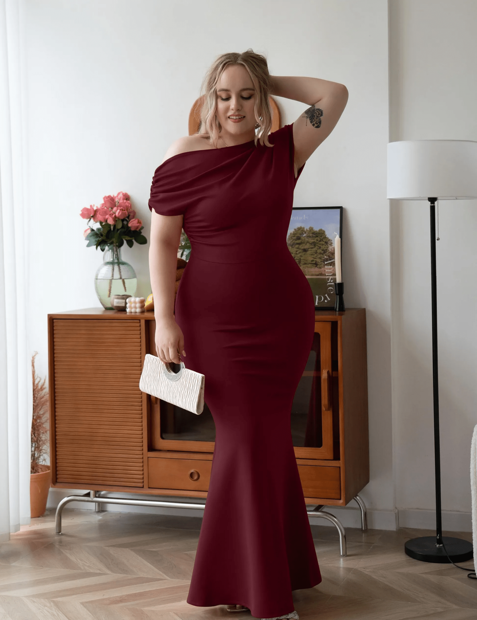 Elysia Evening Dress | Off - Shoulder Bodycon Fit, Formal Wedding Guest Gown - Hartwella