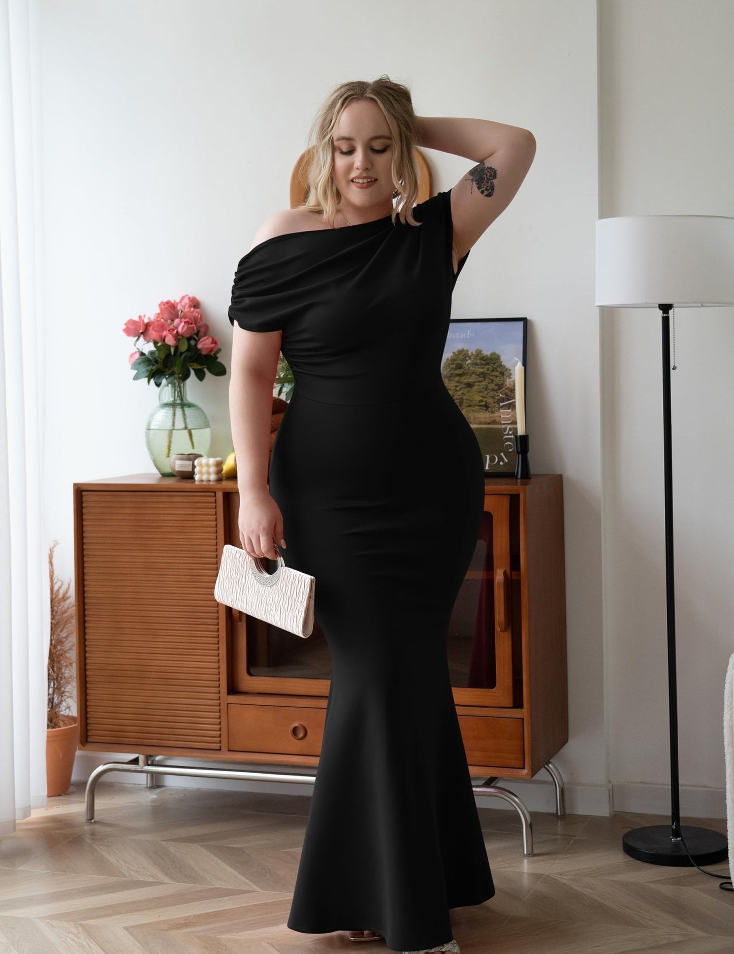 Elysia Evening Dress | Off - Shoulder Bodycon Fit, Formal Wedding Guest Gown - Hartwella