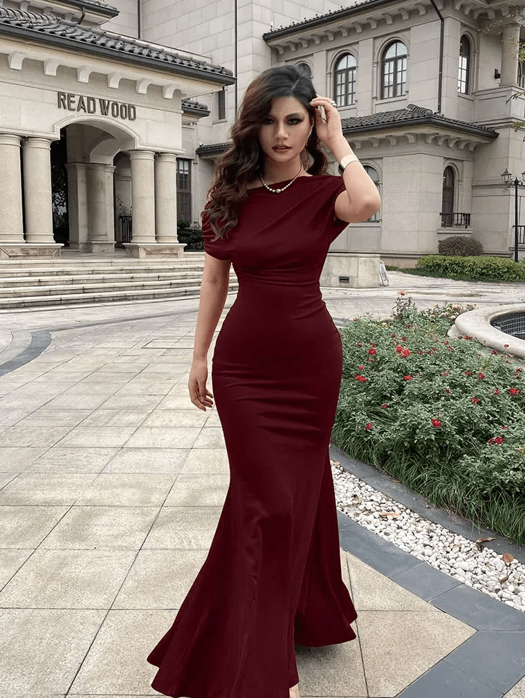 Elysia Evening Dress | Off - Shoulder Bodycon Fit, Formal Wedding Guest Gown - Hartwella