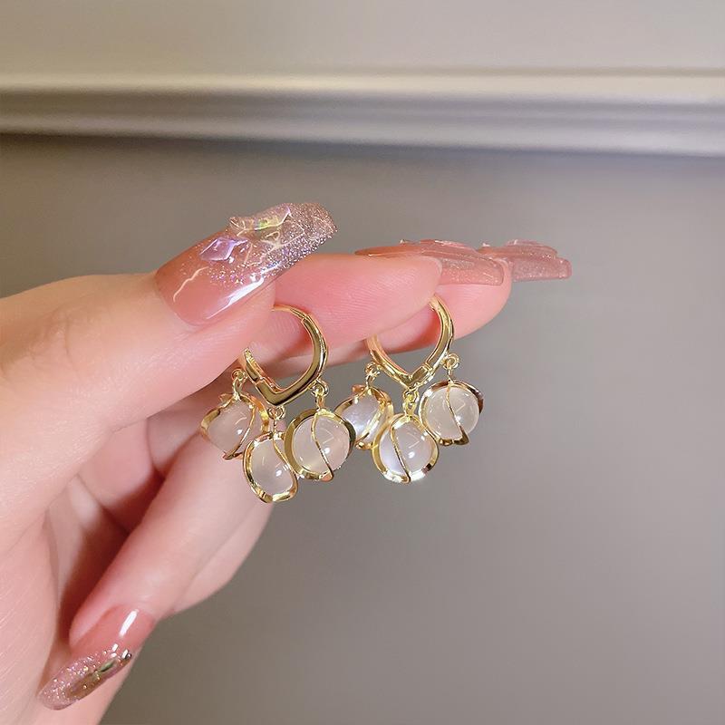 Elysia Gold Drop Earrings | Cat Eye Design with Opal Stones, Lightweight Dangle Earrings for Women - Hartwella