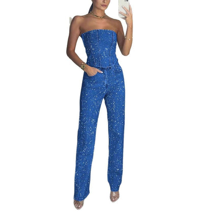 Elysia Off - Shoulder Pants Suit | Sparkling Diamond Design - Hartwella