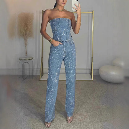 Elysia Off - Shoulder Pants Suit | Sparkling Diamond Design - Hartwella