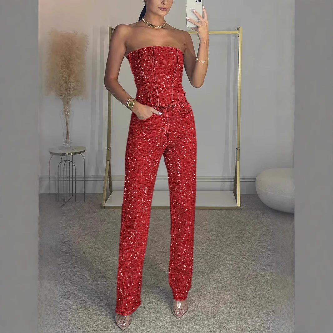 Elysia Off - Shoulder Pants Suit | Sparkling Diamond Design - Hartwella