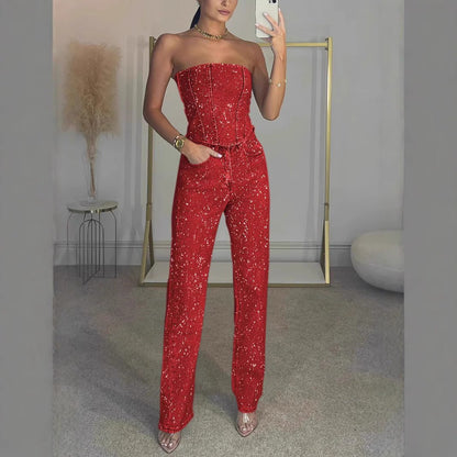 Elysia Off - Shoulder Pants Suit | Sparkling Diamond Design - Hartwella