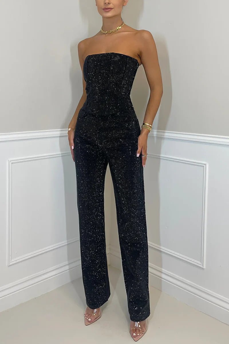 Elysia Off - Shoulder Pants Suit | Sparkling Diamond Design - Hartwella